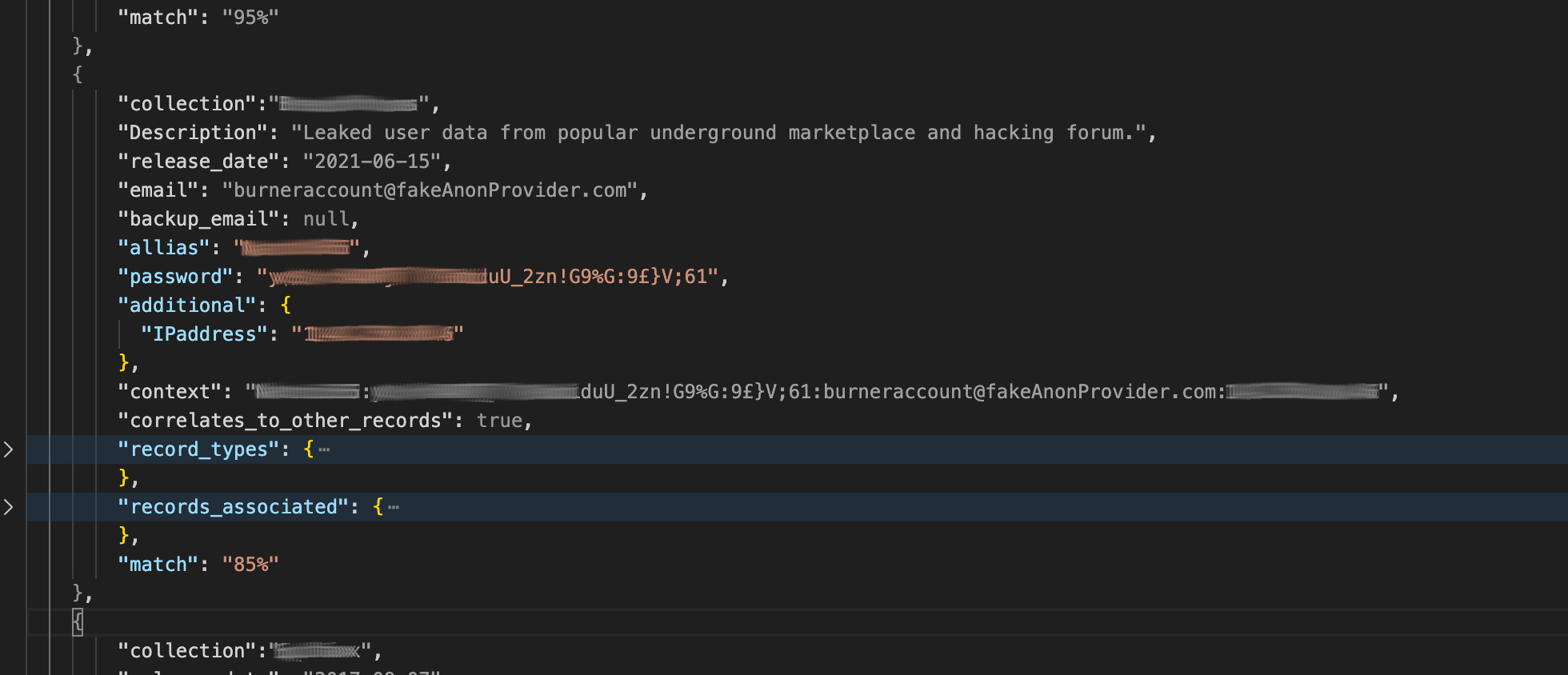 Credential record data shown in a dark code editor.