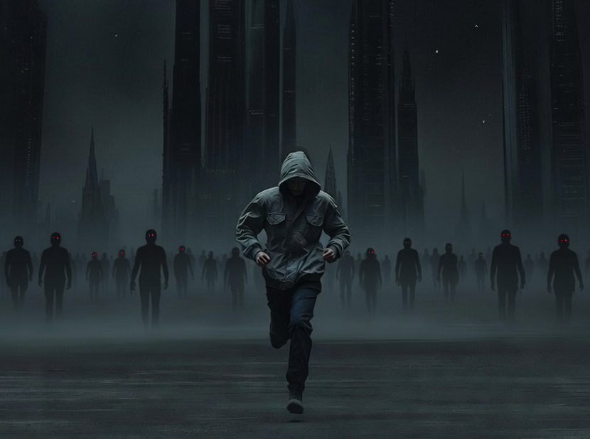 Dark city scene with a hooded figure running ahead of shadowed figures.